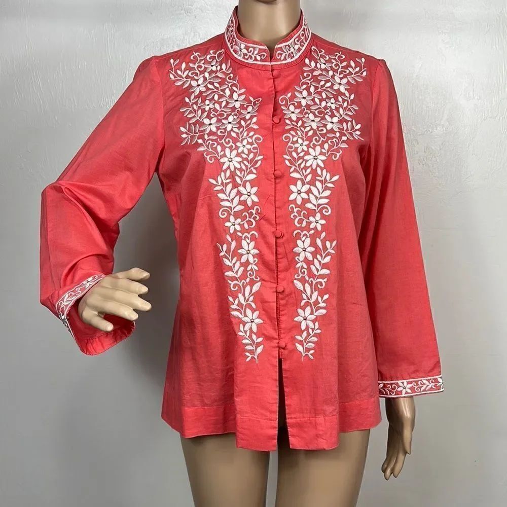 Talbots Coral Embroidered Mandarin Collar Long Sleeve Button Down Shirt Size SP